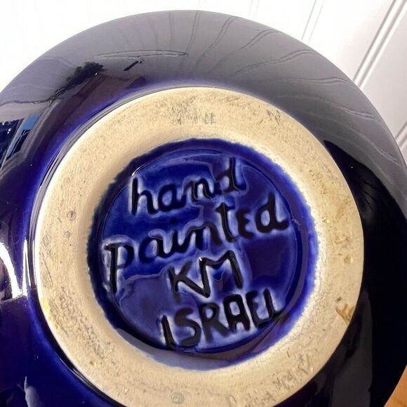 Vintage Israel Hand Painted Floral Pottery Bud Vase Blue White Orange MCM Style - Picture 5 of 7